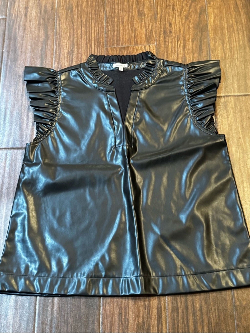 JODIFL Black Faux Leather Ruffle-Trim Sleeveless Shell